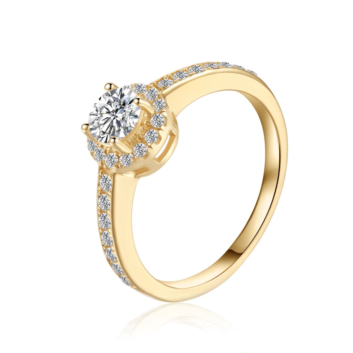 An elegant engagement ring featuring a 0.50ct moissanite center stone and a dazzling pave halo, set in beautiful 9ct yellow gold.