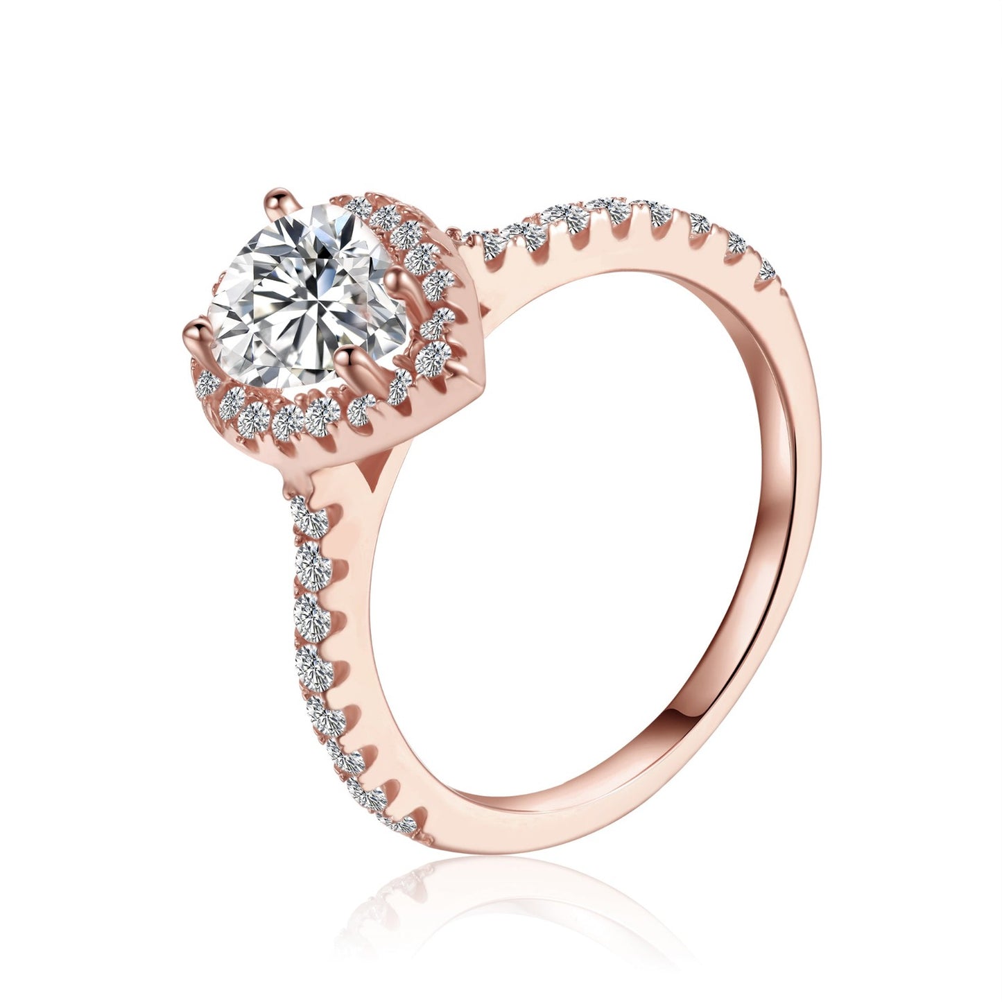 Stunning 9ct rose gold engagement ring featuring a 1.25ct pear-shaped moissanite surrounded by a delicate halo.