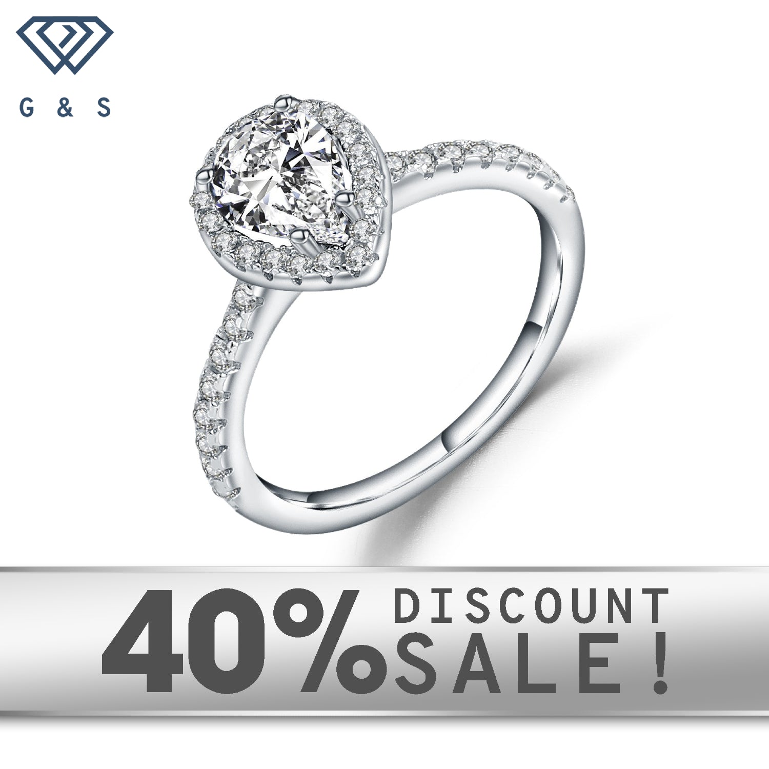 A 1.25ct pear-shaped moissanite sparkles within a delicate halo setting on a 9ct white gold band.