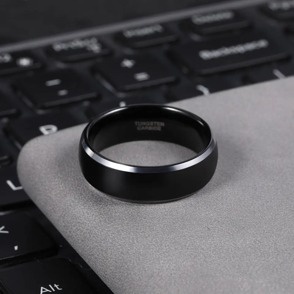 Beveled Edge Black Tungsten Ring With Silver Detail