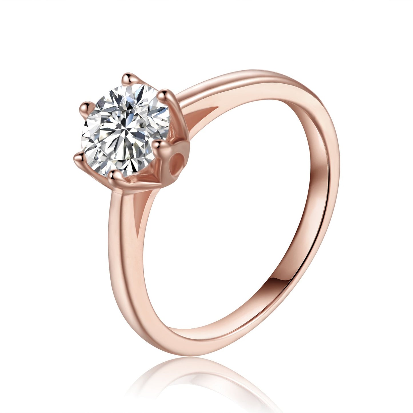 Elegant 9ct rose gold engagement ring showcasing a 1.00ct moissanite in a delicate floral basket setting with 6 secure prongs.