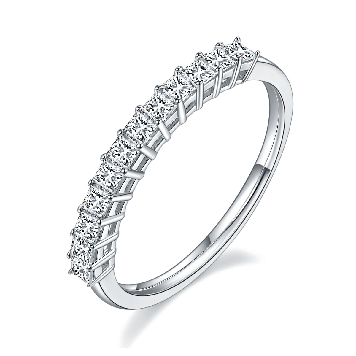 A classic and elegant sterling silver wedding band set featuring square brilliant moissanites in a half eternity setting.