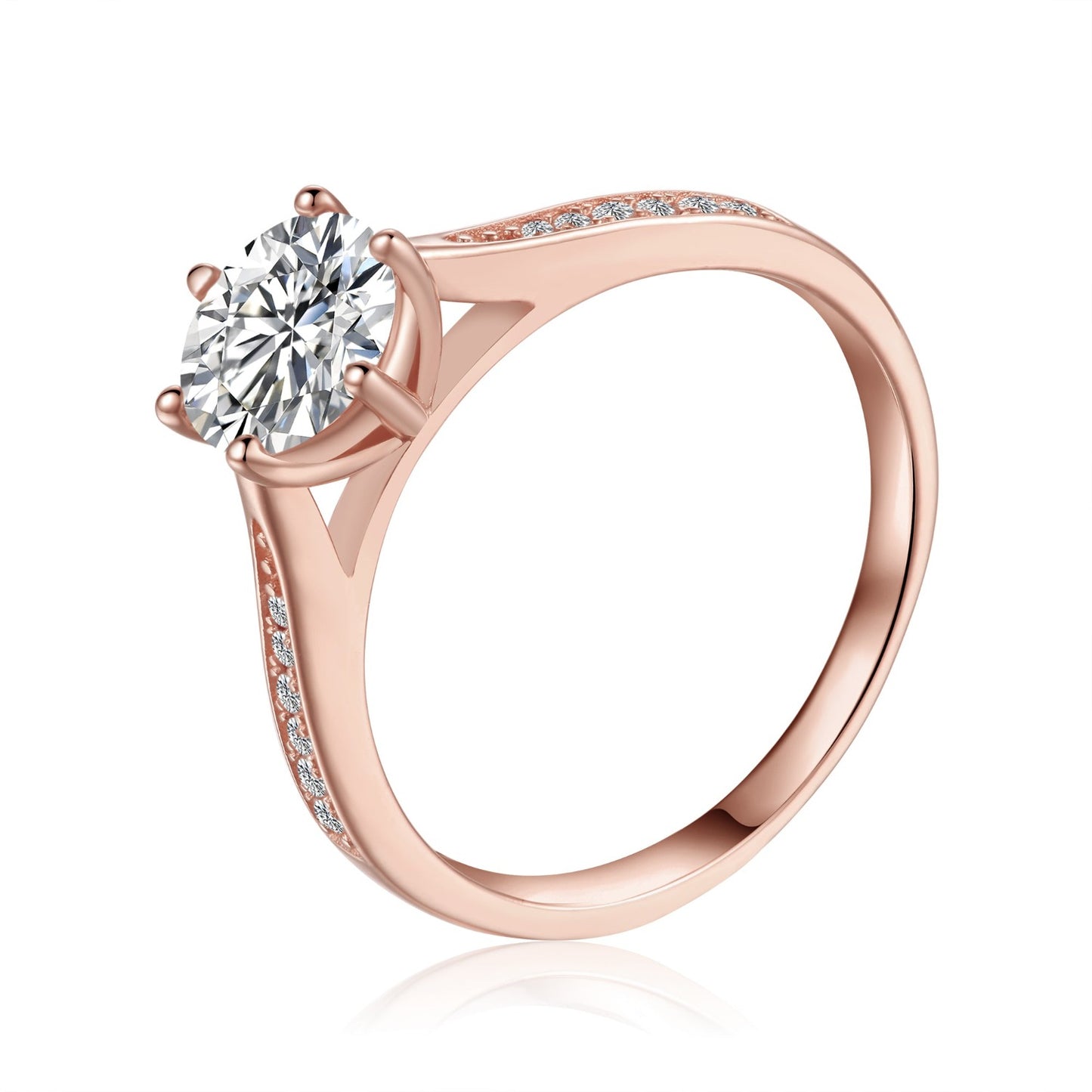 Elegant 9ct rose gold engagement ring showcasing a 1.00ct moissanite with a sparkling tapered pave setting.