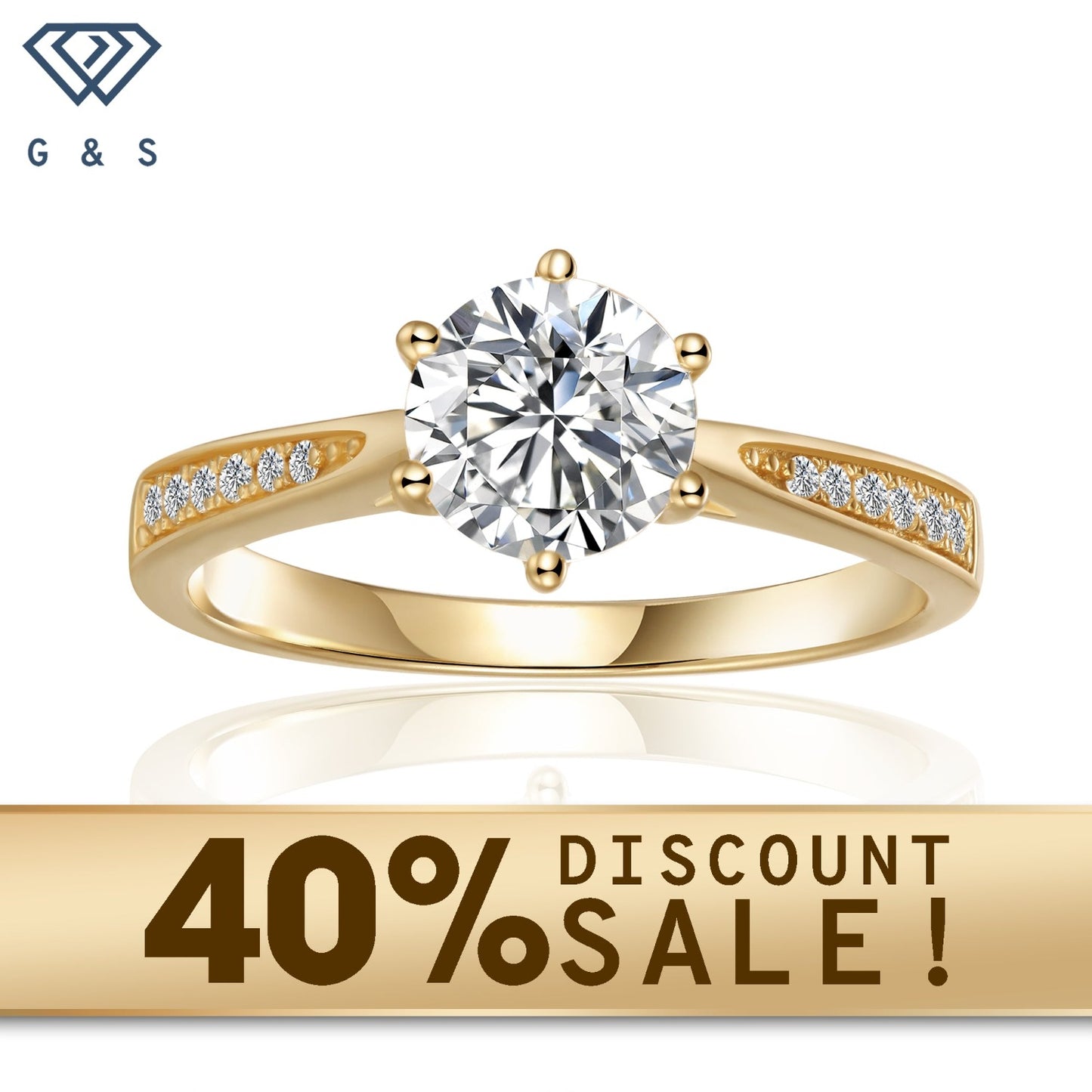 A 9ct yellow gold ring featuring a 1.00ct moissanite center stone with a delicate tapered pave setting.