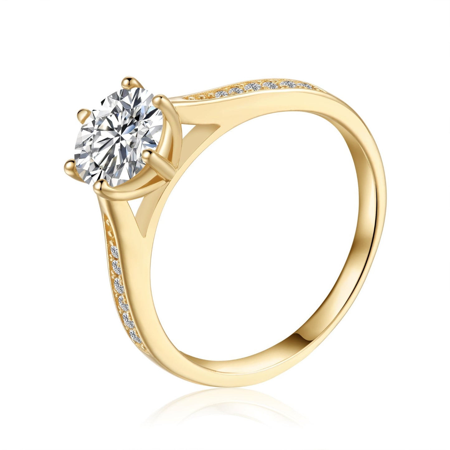 Showcasing a 1.00ct moissanite in a refined tapered pave setting, highlighting its brilliance.