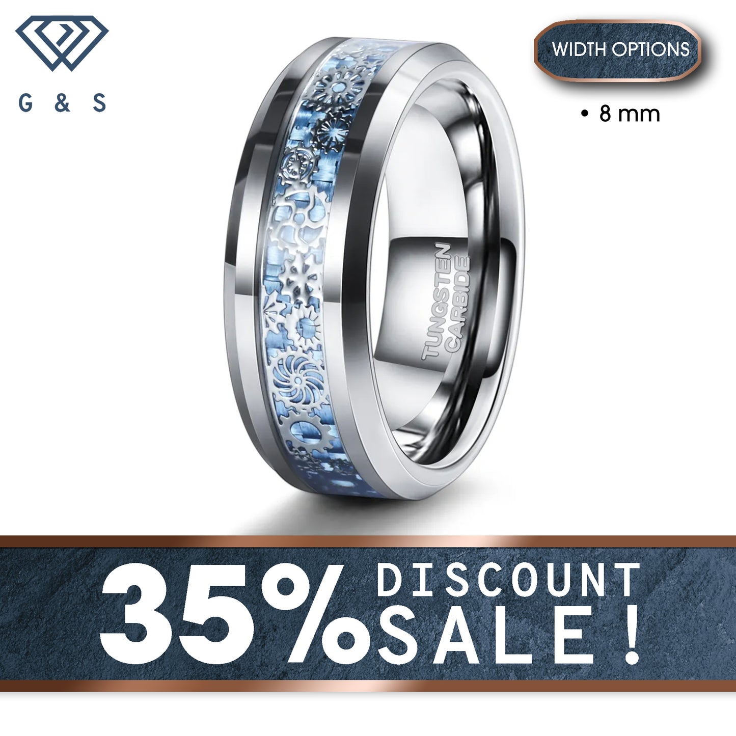 Tungsten Ring With Blue Gear Inlay