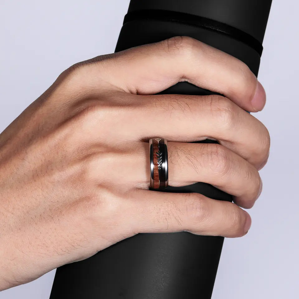 Koa Zebra Wood And Deer Antler Tungsten Carbide Ring with Viking Arrow Detail