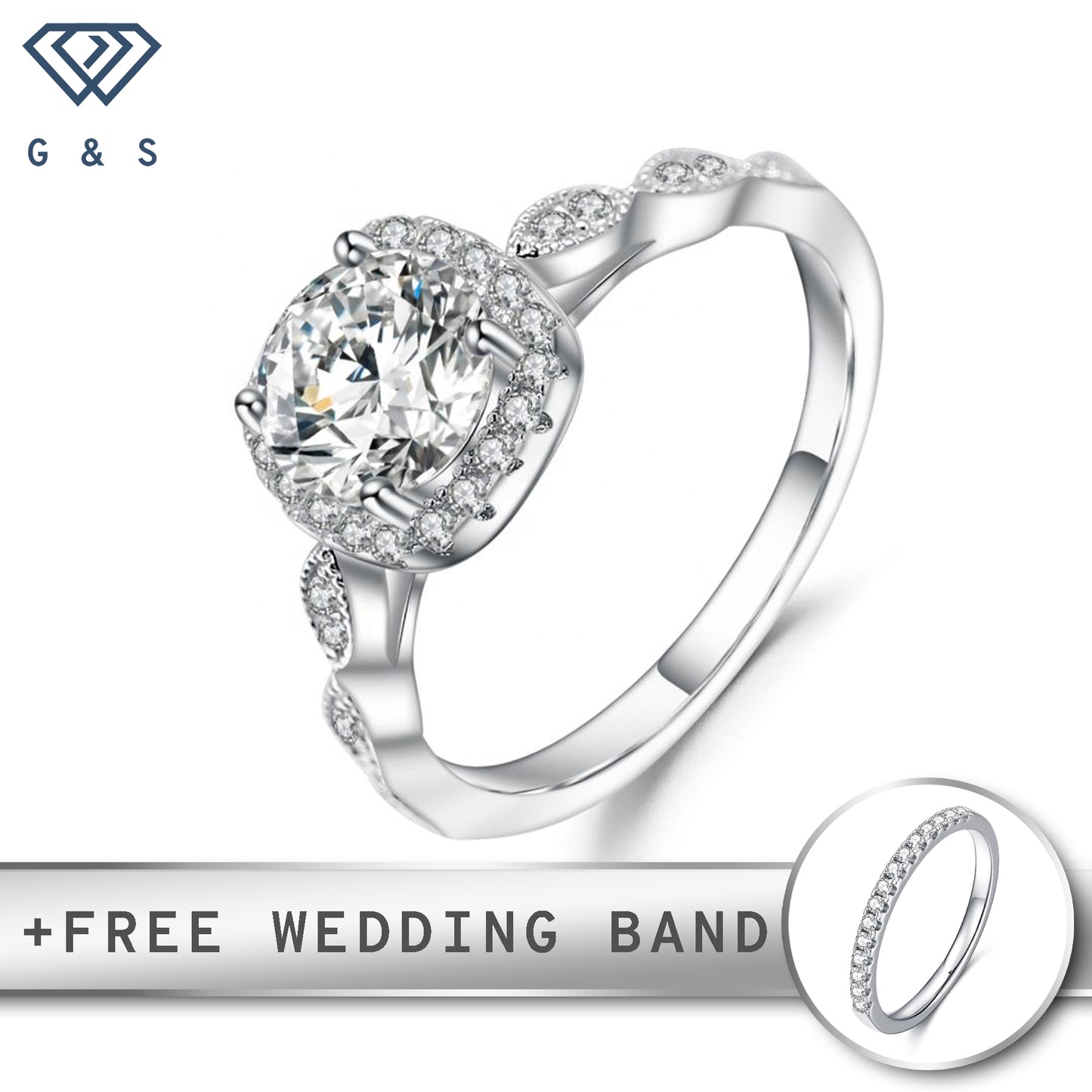 A classic vintage-inspired engagement ring featuring a 1.00ct moissanite center stone surrounded by a delicate halo, set in polished sterling silver.