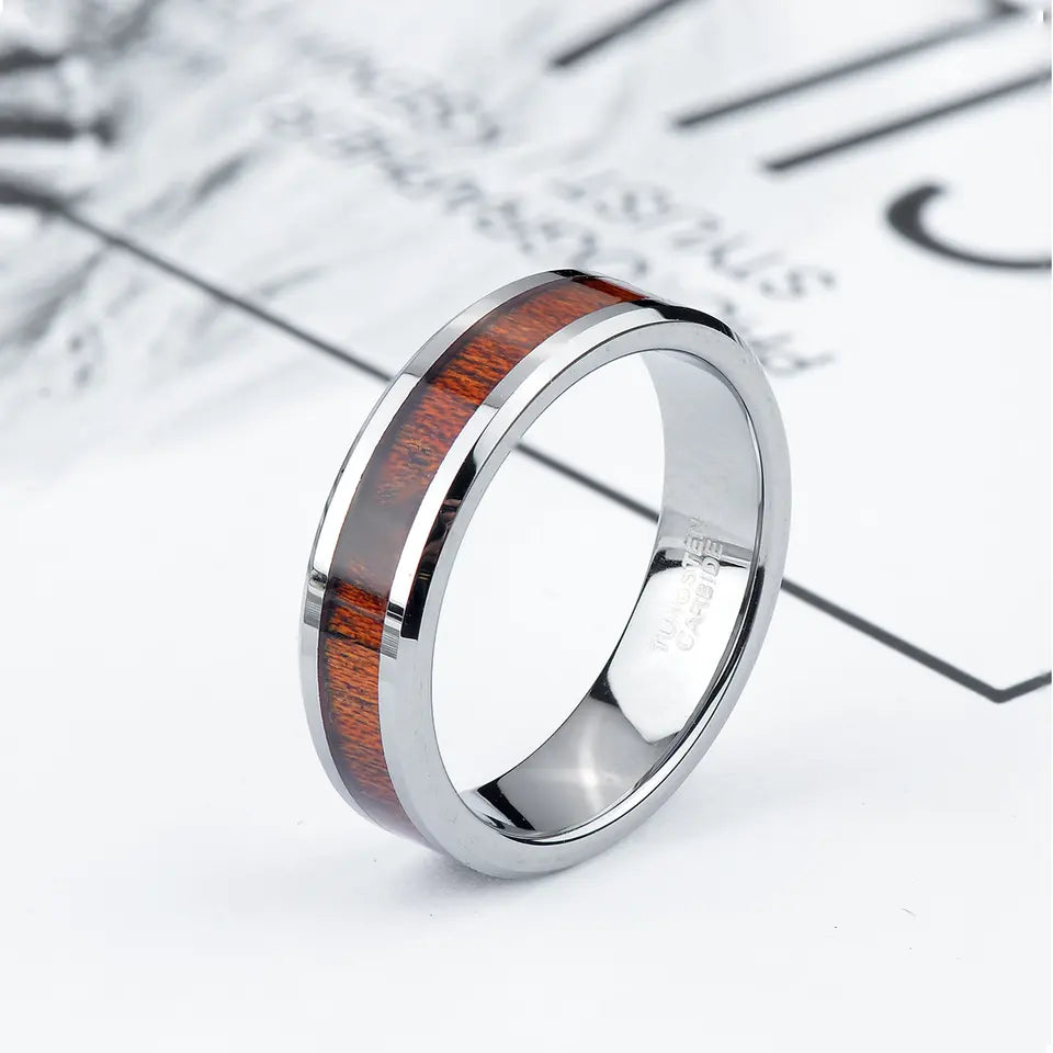 Silver Tungsten Carbide Ring With Wood Inlay