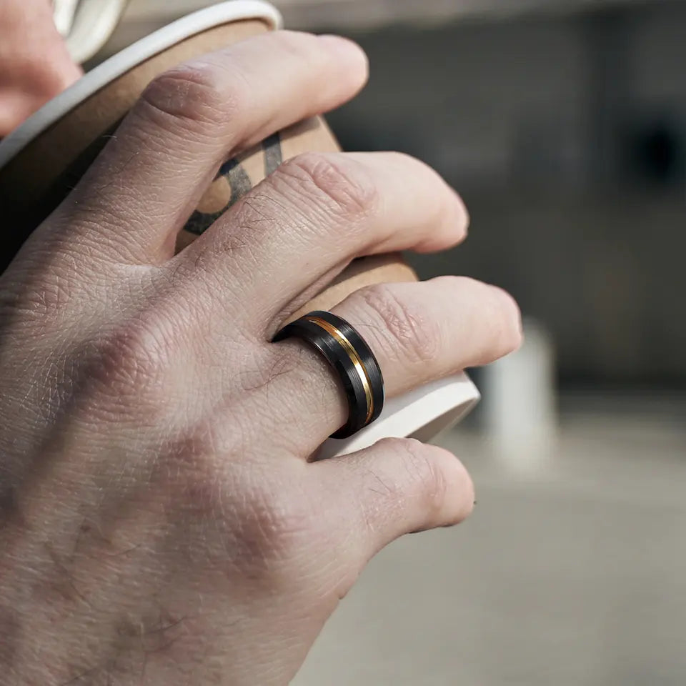 Yellow Gold Centre Groove Tungsten Ring