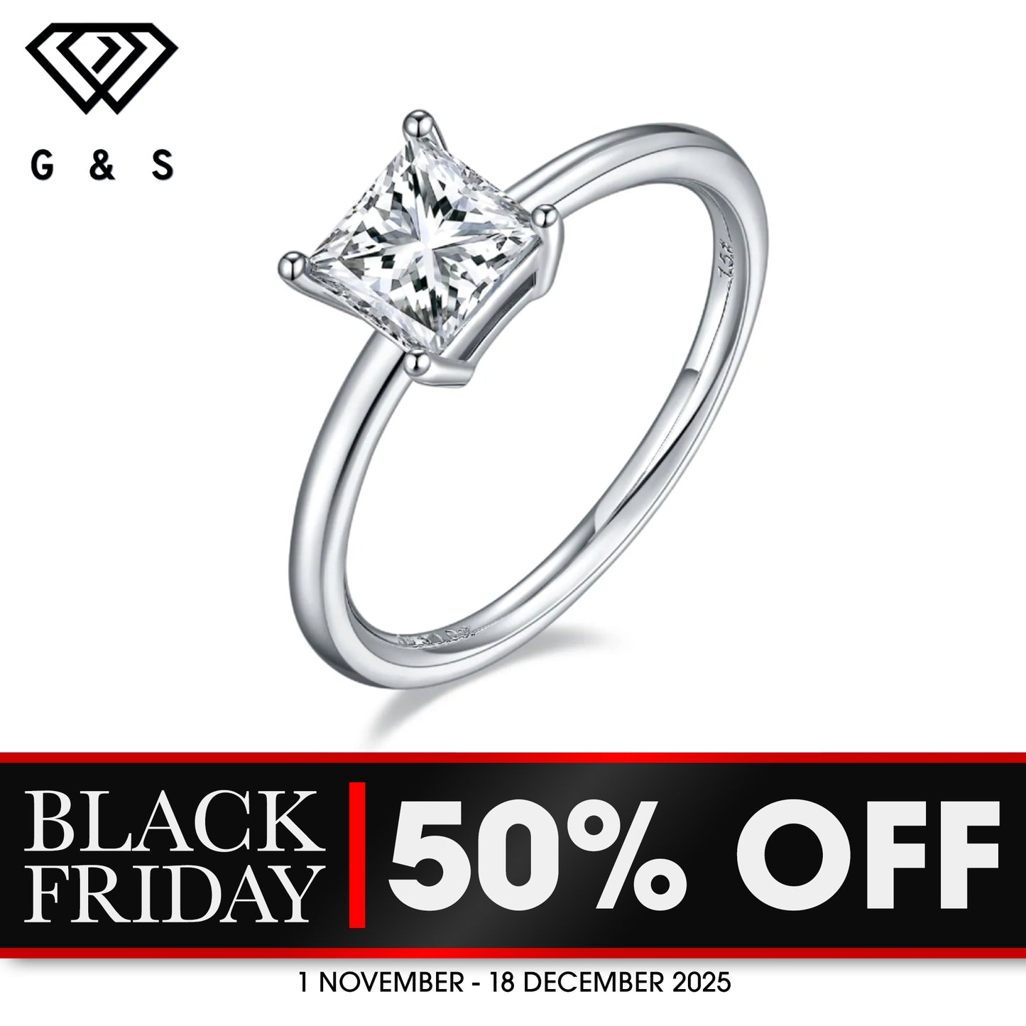 Classic 4 Claw Princess Cut Solitaire 1.00ct Moissanite Engagement Ring Set in Sterling Silver - BLACKFRIDAY