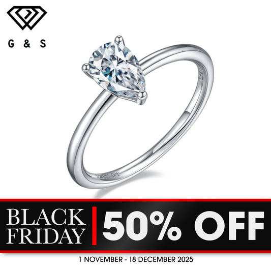 Classic Claw Pear Shape Solitaire 1.00ct Moissanite Engagement Ring Set in Sterling Silver - BLACKFRIDAY