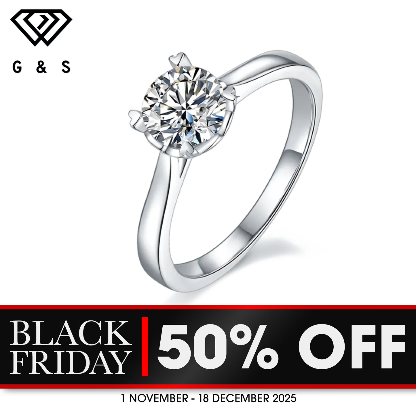 Classic Solitaire 4 Heart Shaped Claws 1.00ct Moissanite Engagement Ring Set in Sterling Silver - BLACKFRIDAY