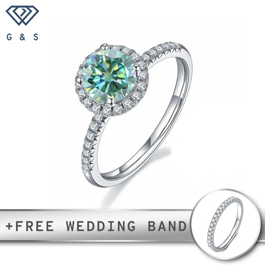 A timeless and elegant design featuring a 1.00ct green moissanite center stone, surrounded by a sparkling halo of smaller stones.
