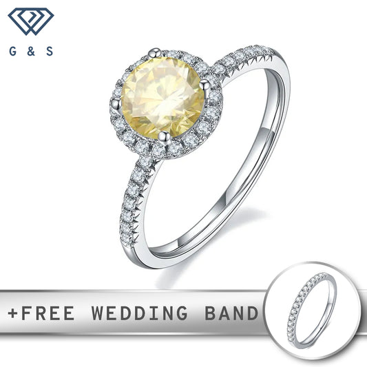 A timeless design featuring a 1.00ct yellow moissanite center stone encircled by a sparkling halo, creating a radiant and elegant piece.