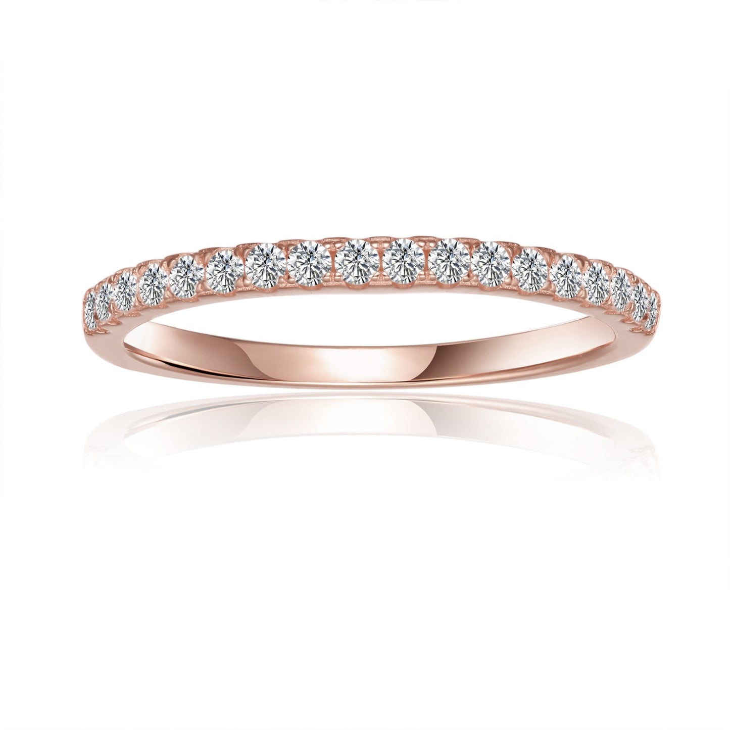 Elegant and timeless 9ct rose gold wedding band set featuring sparkling moissanites.