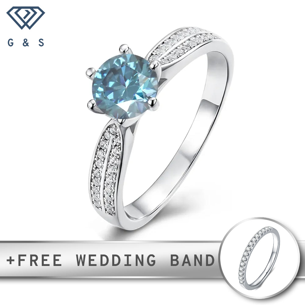 A sterling silver engagement ring with a vibrant 1.00ct blue moissanite center stone, surrounded by a sparkling pave setting.