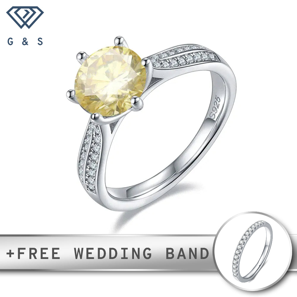 A sterling silver engagement ring featuring a vibrant 2.00ct yellow moissanite center stone, surrounded by a sparkling pave setting.