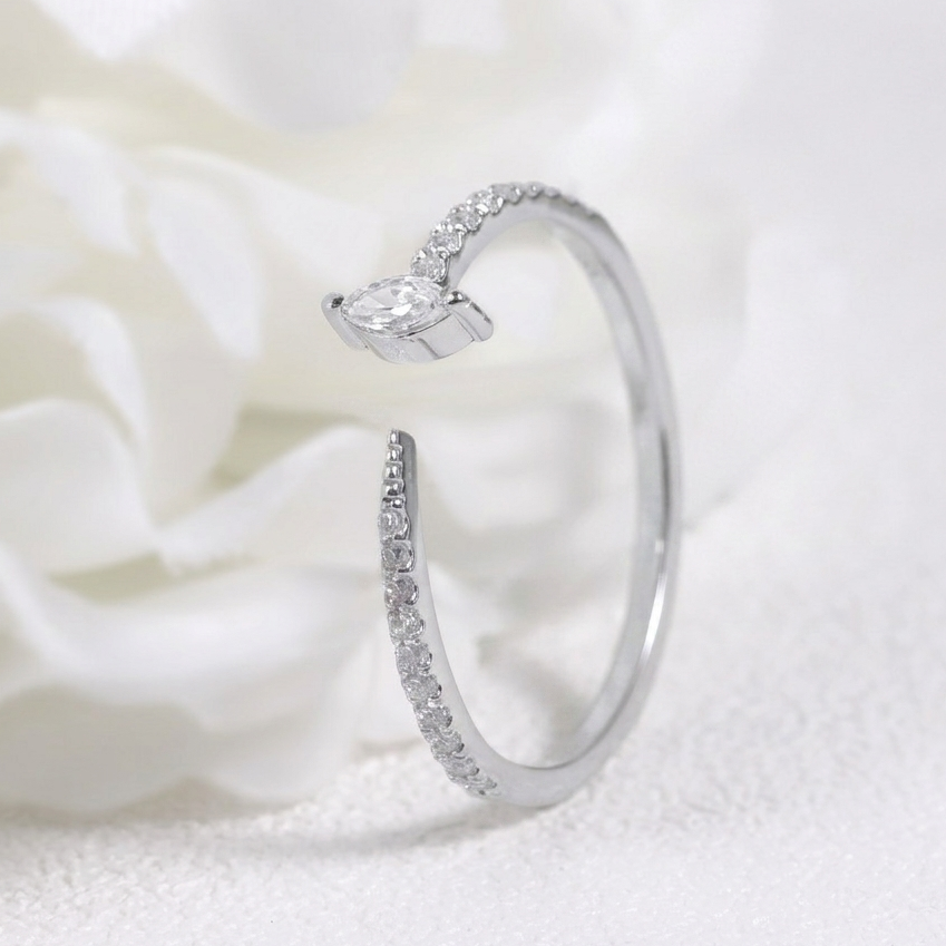 Dainty Sterling Silver Moissanite Marquise Open-Cuff Stacking Ring