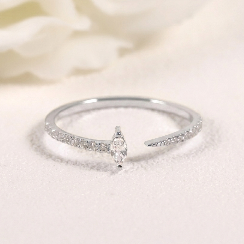 Dainty Sterling Silver Moissanite Marquise Open-Cuff Stacking Ring