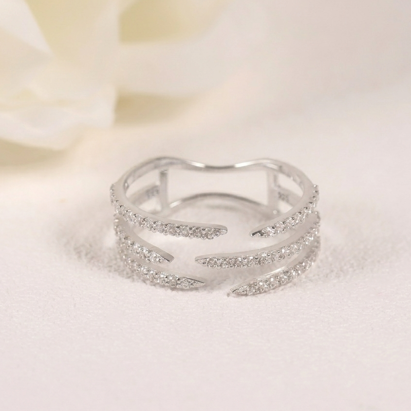 Dainty Sterling Silver Moissanite Triple-Row Claw Stacking Ring