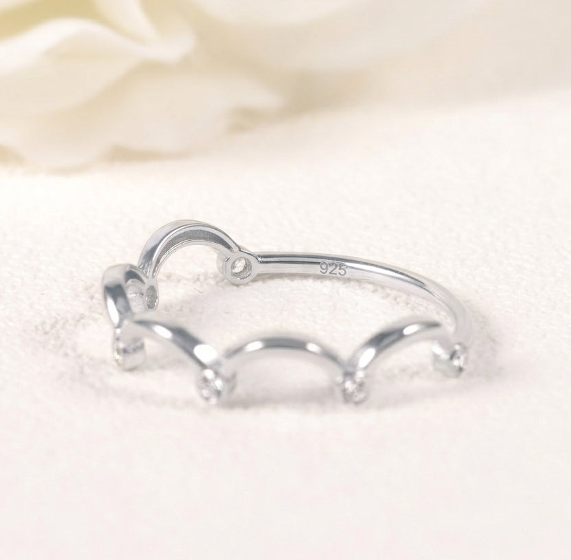Dainty Sterling Silver Moissanite Wavy Bezel Set Open Heart Stacking Ring