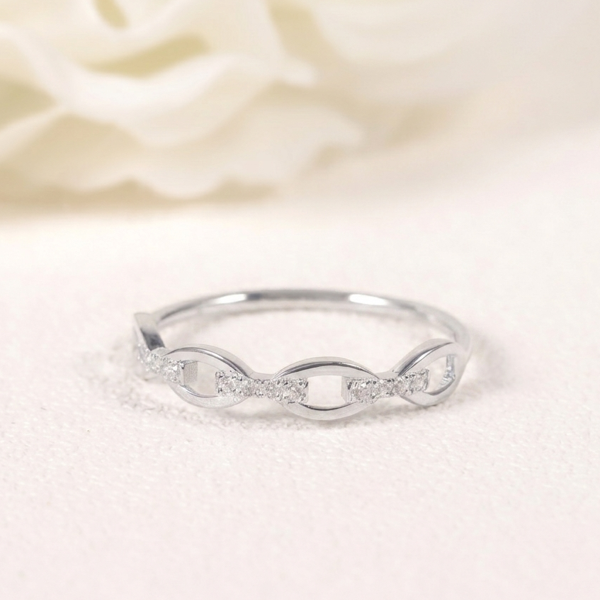 Dainty Sterling Silver Moissanite Wavy Scalloped Bezel-Set Stacking Ring