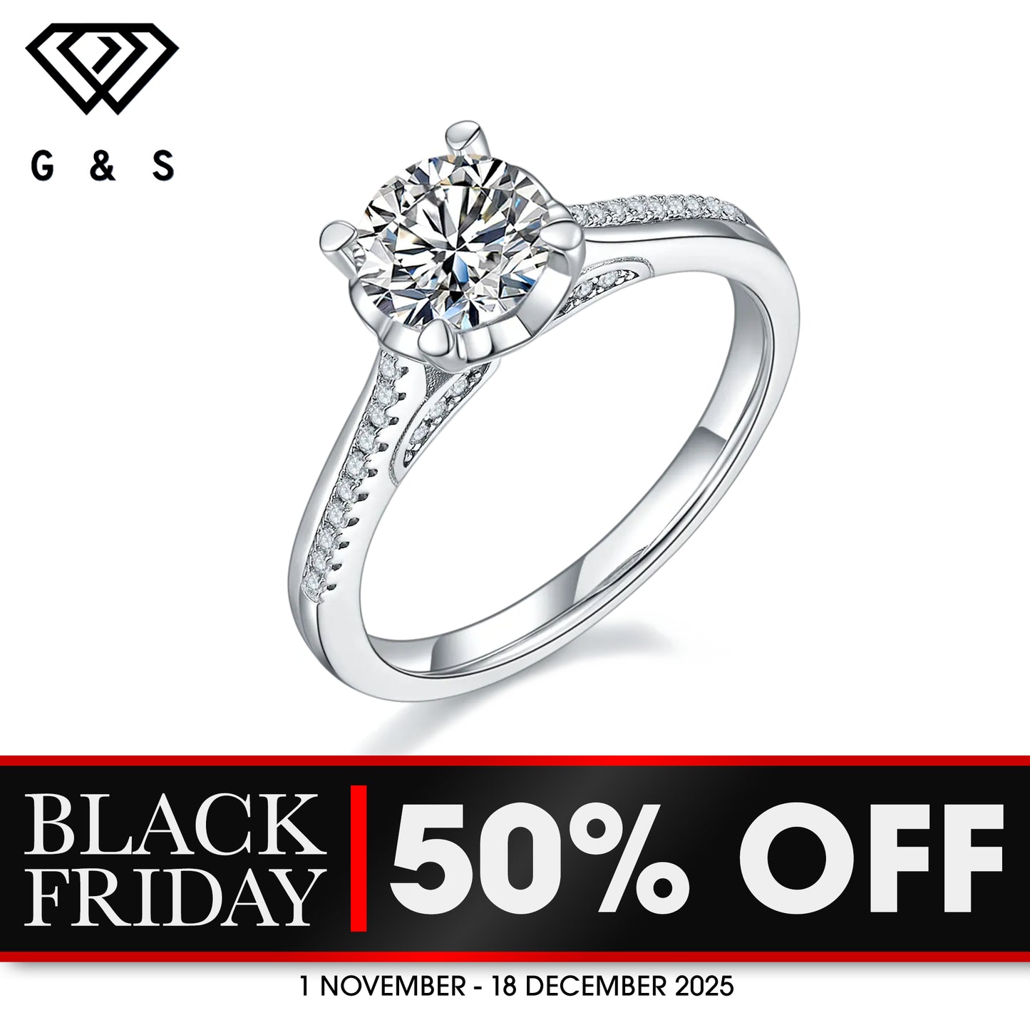Delicate Modern 1.00ct Moissanite Engagement Ring Set in Sterling Silver - BLACKFRIDAY