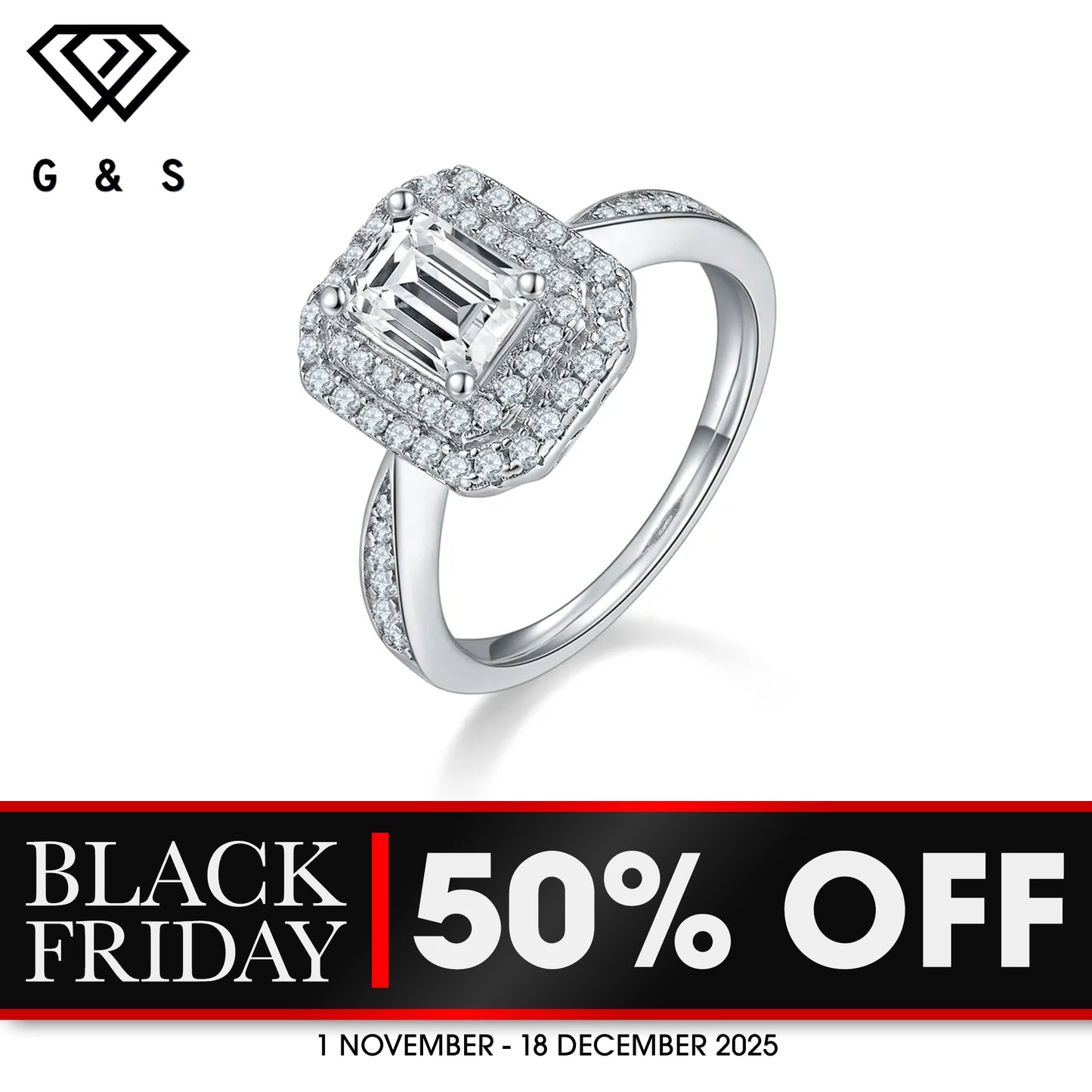 Double Halo 1.00ct Emerald Cut Moissanite Engagement Ring - BLACKFRIDAY