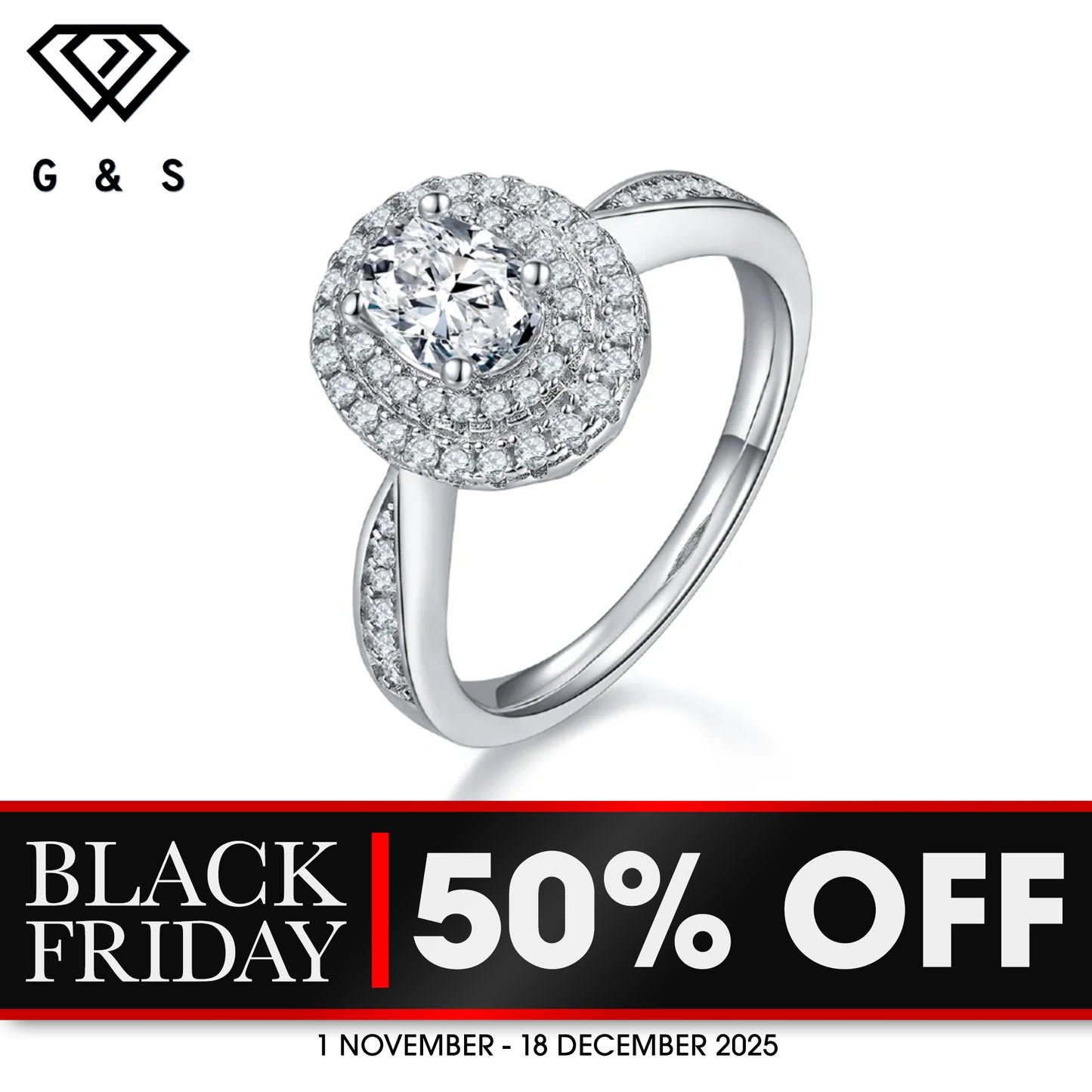 Double Halo 1.00ct Oval Cut Moissanite Engagement Ring - BLACKFRIDAY