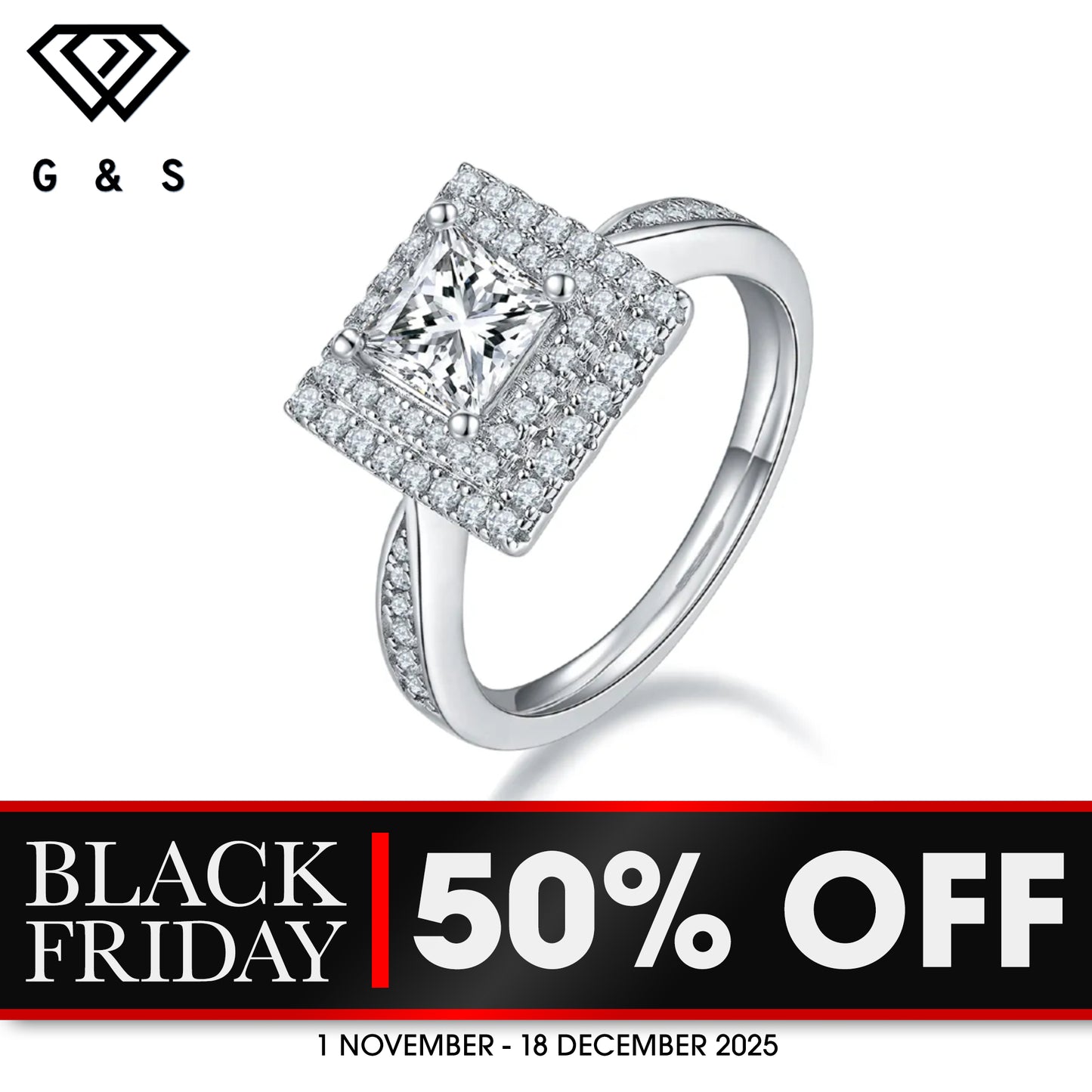 Double Halo 1.00ct Princess Cut Moissanite Engagement Ring - BLACKFRIDAY