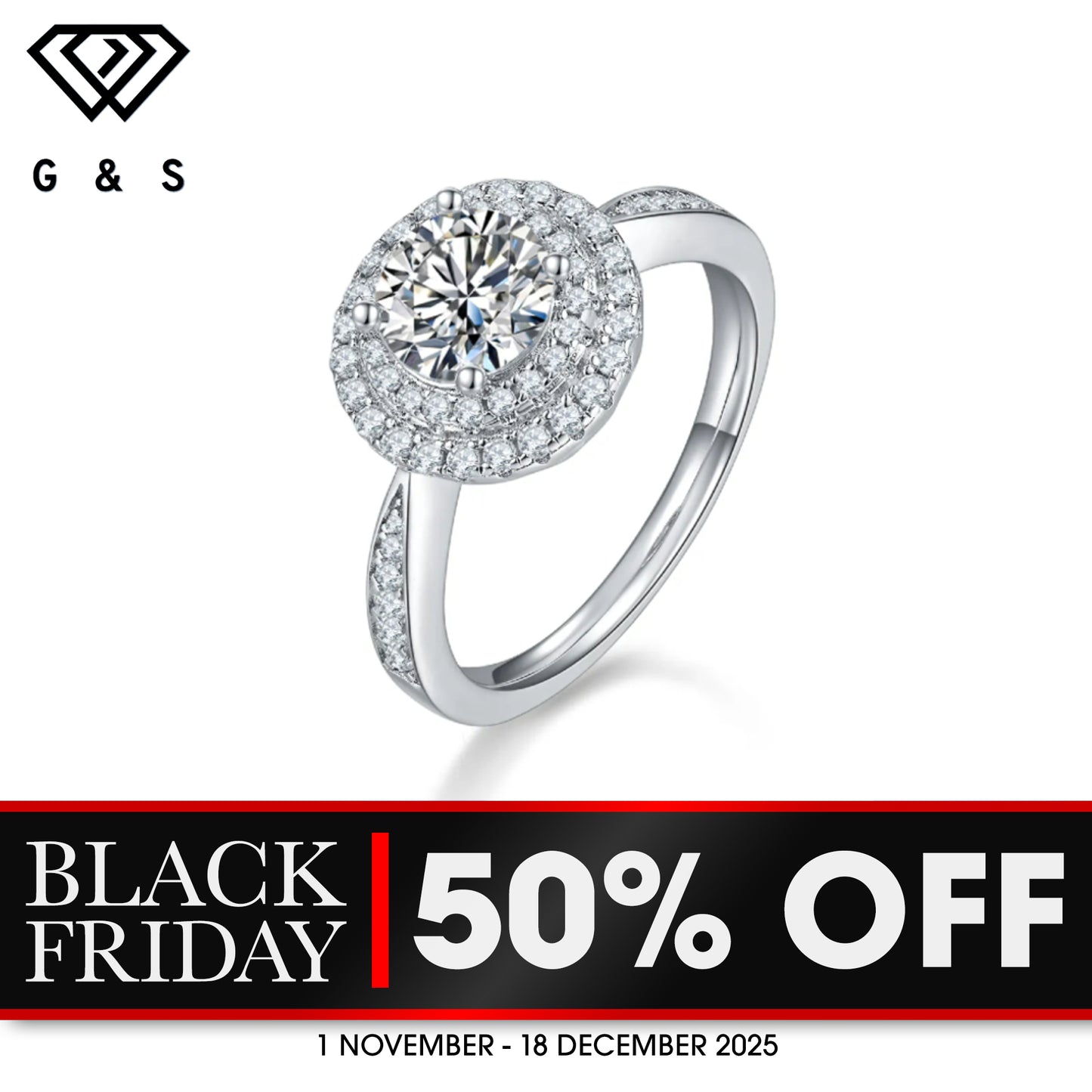 Double Halo 1.00ct Round Brilliant Moissanite Engagement Ring - BLACKFRIDAY