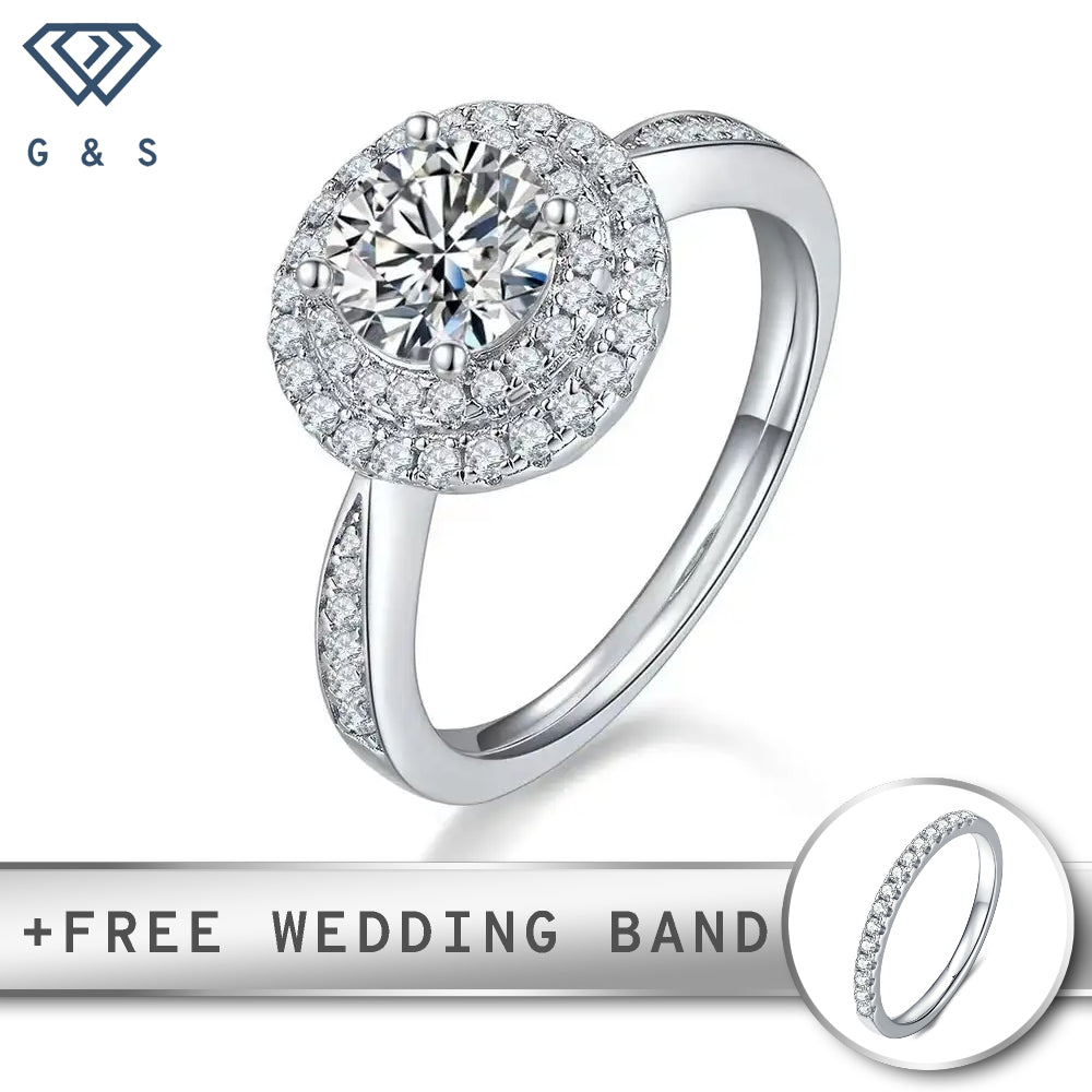 A stunning engagement ring featuring a 1.00ct round brilliant moissanite surrounded by two concentric halos of sparkling stones.