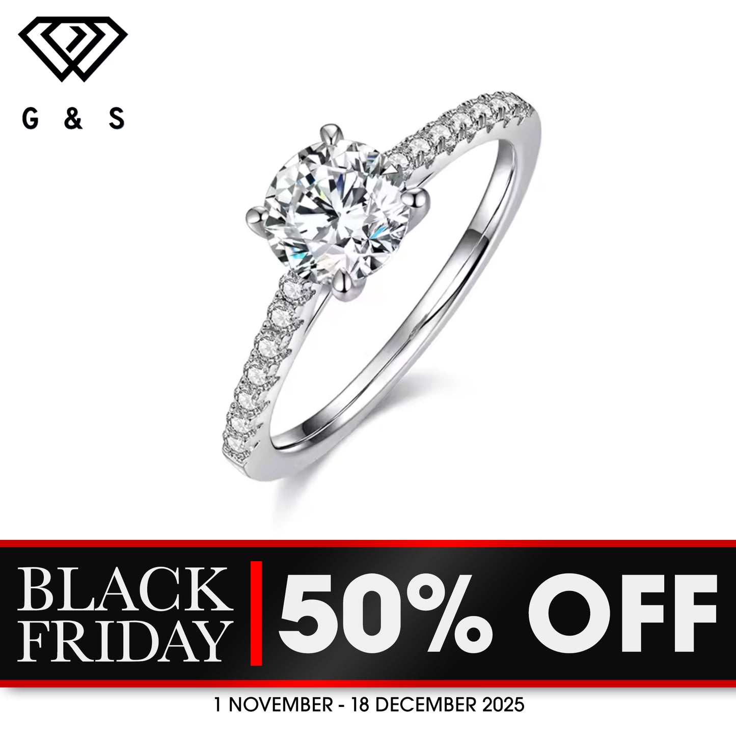 Elegant 1.00ct Round Brilliant Moissanite Engagement Ring Set in Sterling Silver - BLACKFRIDAY