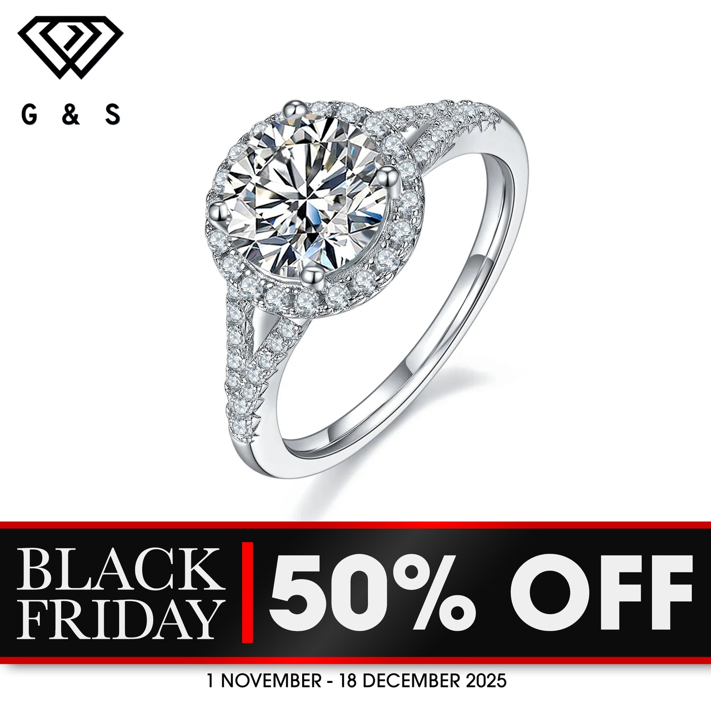 Elegant 2.00ct Halo Moissanite Engagement Ring - BLACKFRIDAY