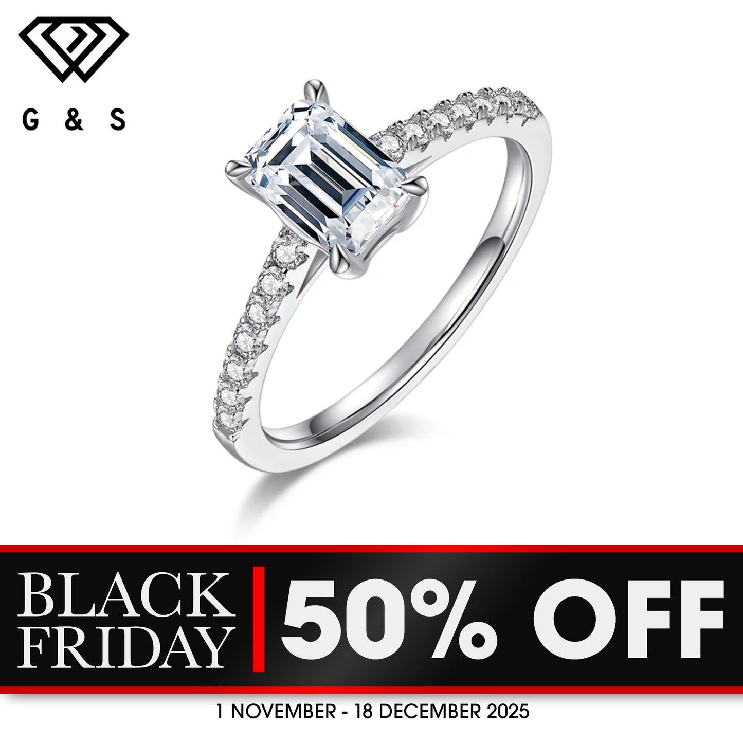Elegant Basket Set 1.00ct Emerald Cut Moissanite Engagement Ring - BLACKFRIDAY