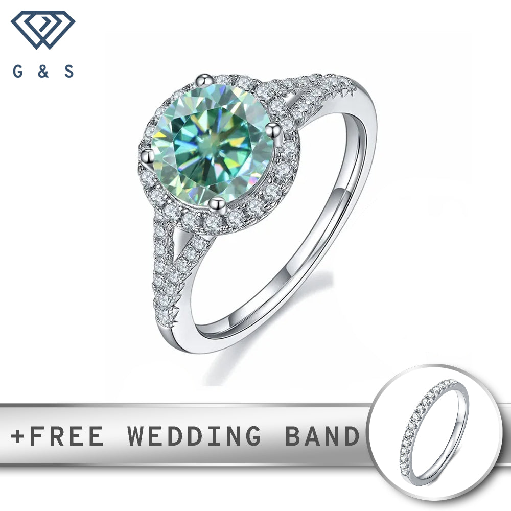 A stunning 2.00ct green moissanite center stone surrounded by a halo of smaller, sparkling stones, creating a unique and eye-catching design.