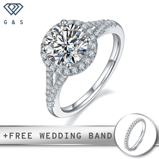 A stunning engagement ring featuring a 2.00ct moissanite center stone surrounded by a sparkling halo.