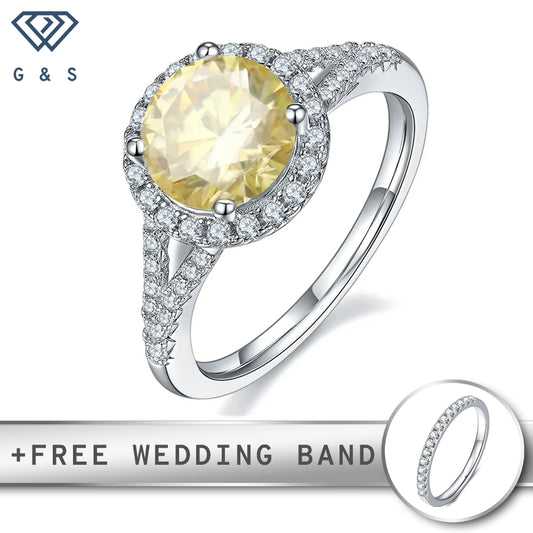 A dazzling 2.00ct moissanite center stone is encircled by a vibrant yellow halo, creating a unique and eye-catching engagement ring.