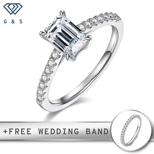 A classic engagement ring featuring a 1.00ct emerald cut moissanite held securely in an elegant basket setting.