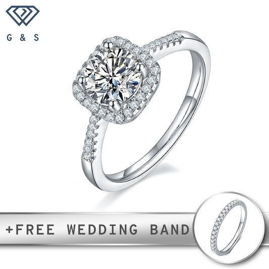 A classic engagement ring featuring a sparkling 1.00ct moissanite center stone surrounded by a delicate halo, set in polished sterling silver.