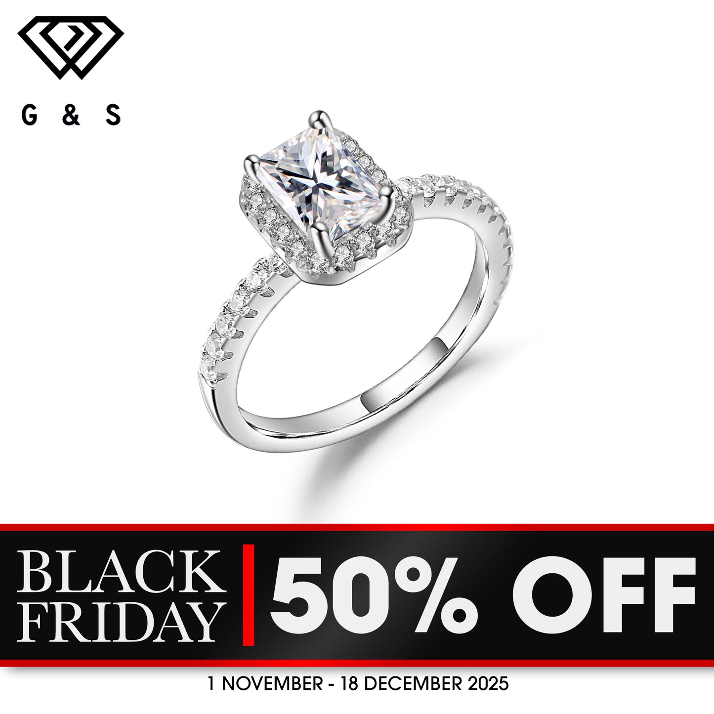 Emerald Cut Halo 1.00ct Moissanite Engagement Ring Set in Sterling Silver - BLACKFRIDAY