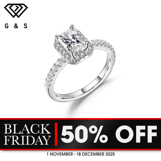 Emerald Cut Halo 1.00ct Moissanite Engagement Ring Set in Sterling Silver - BLACKFRIDAY