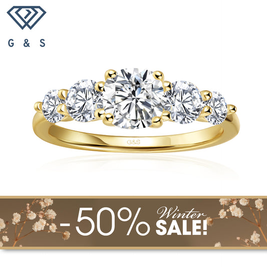 Eternal Brilliance Five-Stone Cushion Cut Moissanite Engagement Ring - 18ct Yellow Gold Plated - Winter Sale