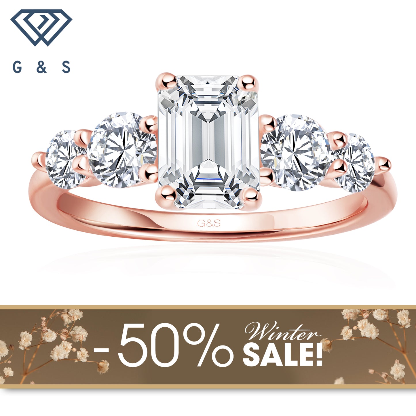 Eternal Brilliance Five-Stone Emerald Cut Moissanite Engagement Ring - 18ct Rose Gold Plated - Winter Sale