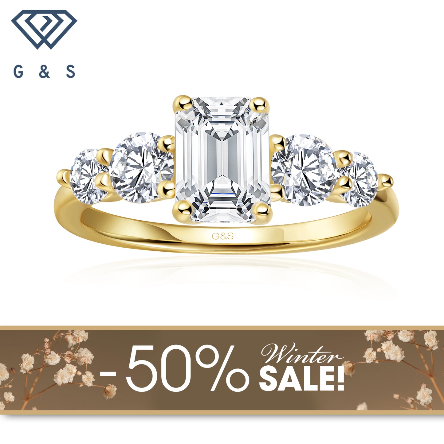Eternal Brilliance Five-Stone Emerald Cut Moissanite Engagement Ring - 18ct Yellow Gold Plated - Winter Sale