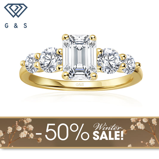 Eternal Brilliance Five-Stone Emerald Cut Moissanite Engagement Ring - 18ct Yellow Gold Plated - Winter Sale