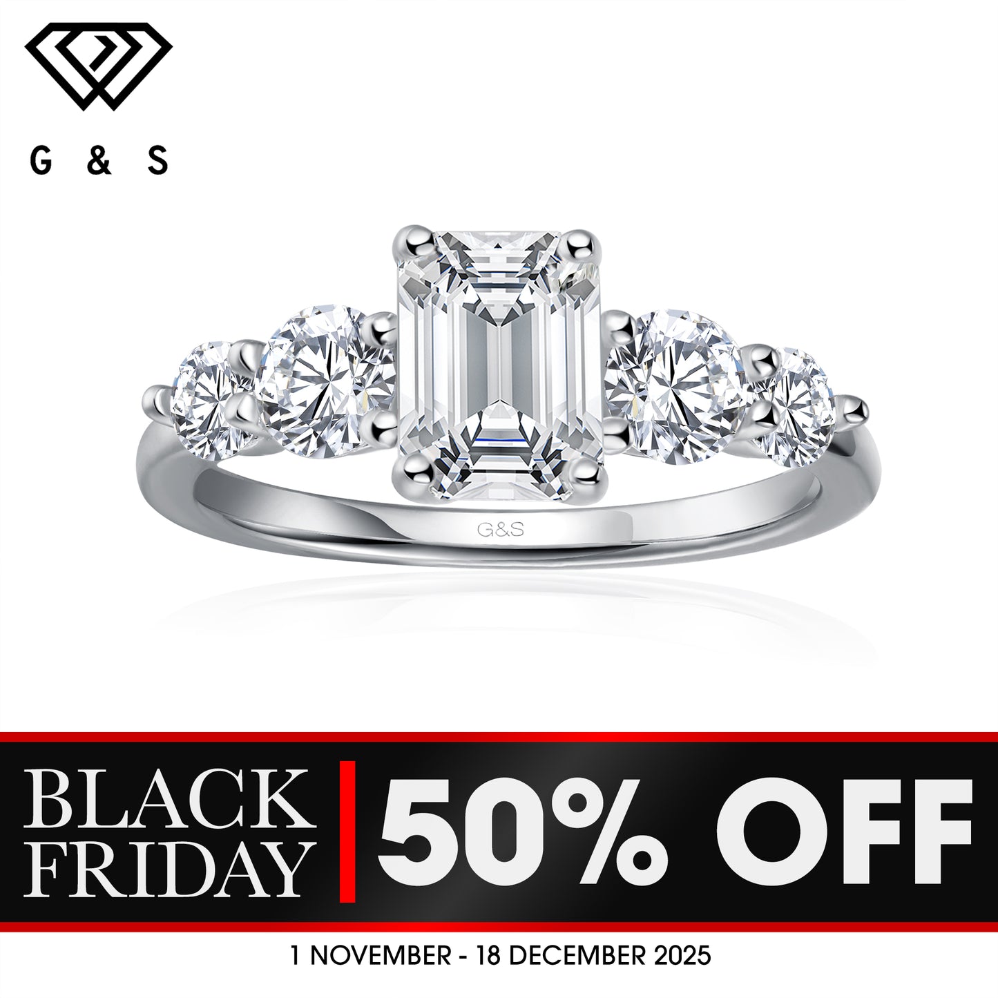 Eternal Brilliance Five-Stone Emerald Cut Moissanite Engagement Ring - BLACKFRIDAY