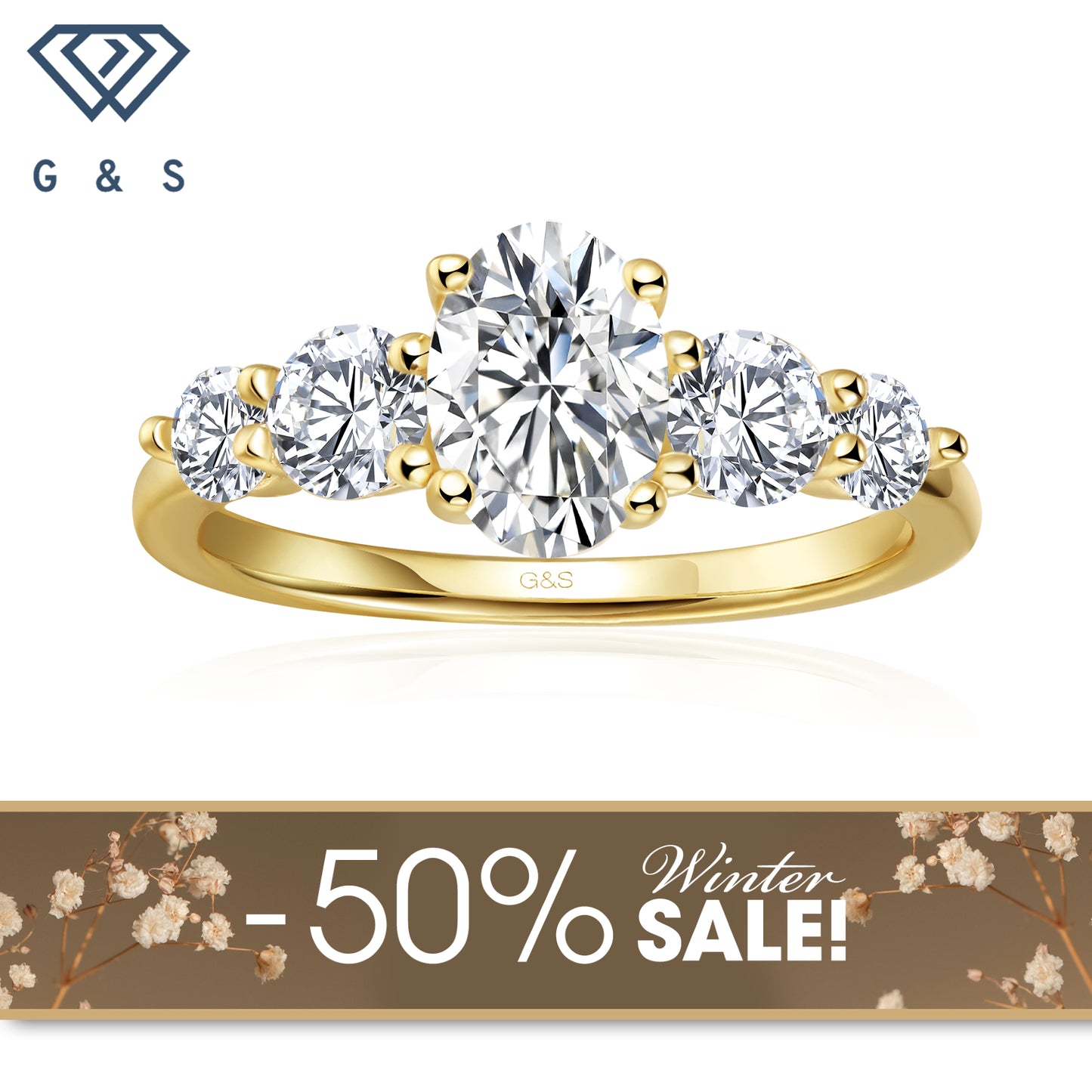 Eternal Brilliance Five-Stone Oval Cut Moissanite Engagement Ring - 18ct Yellow Gold Plated - Winter Sale