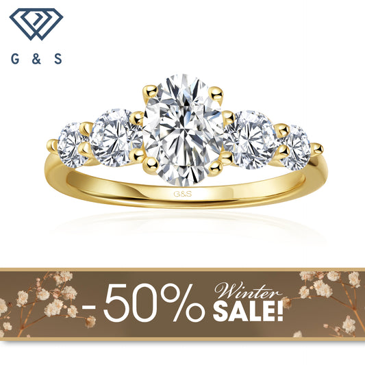 Eternal Brilliance Five-Stone Oval Cut Moissanite Engagement Ring - 18ct Yellow Gold Plated - Winter Sale